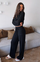 Come A Long Way Soft Lounge Ribbed Wide Leg Pants Black